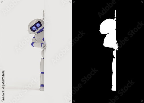 A toy robot peeks out from behind the corner
