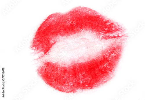 Lipstick kiss, female lips lipstick kiss, red lips lipstick kiss isolated on white background.