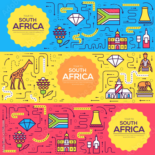 South Africa vector brochure cards thin line set. Country template of flyear, magazines, posters, book cover, banners. Layout culture outline illustrations modern pages