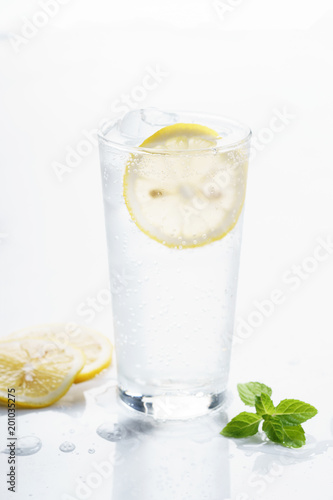 glass of lemon sparkling water.