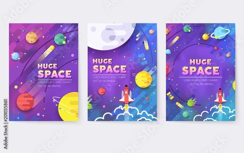 huge universe  vector brochure cards. Outline outer space rocket template of flyear, magazines, posters, book cover, banners. Colorful thin line set.  background. Layout icons stars in galaxy page