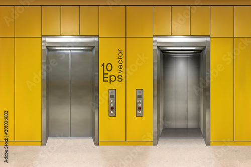 Chrome metal office building elevator doors. Open and closed variant. Realistic vector illustration yellow wall panels office building elevator.
