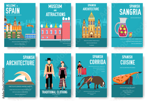 Spain vector brochure cards set. Country template of flyear, magazines, posters, book cover, banners. Travel invitation concept background. Layout architecture illustrations modern page