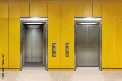 Chrome metal office building elevator doors. Open and closed variant. Realistic vector illustration yellow wall panels office building elevator.