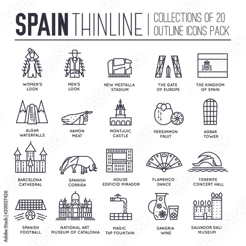 Country Spain thin line travel vacation guide of goods, places and features. Set of outline architecture, fashion, people, items, nature background concept. Infographic template design  on flat style