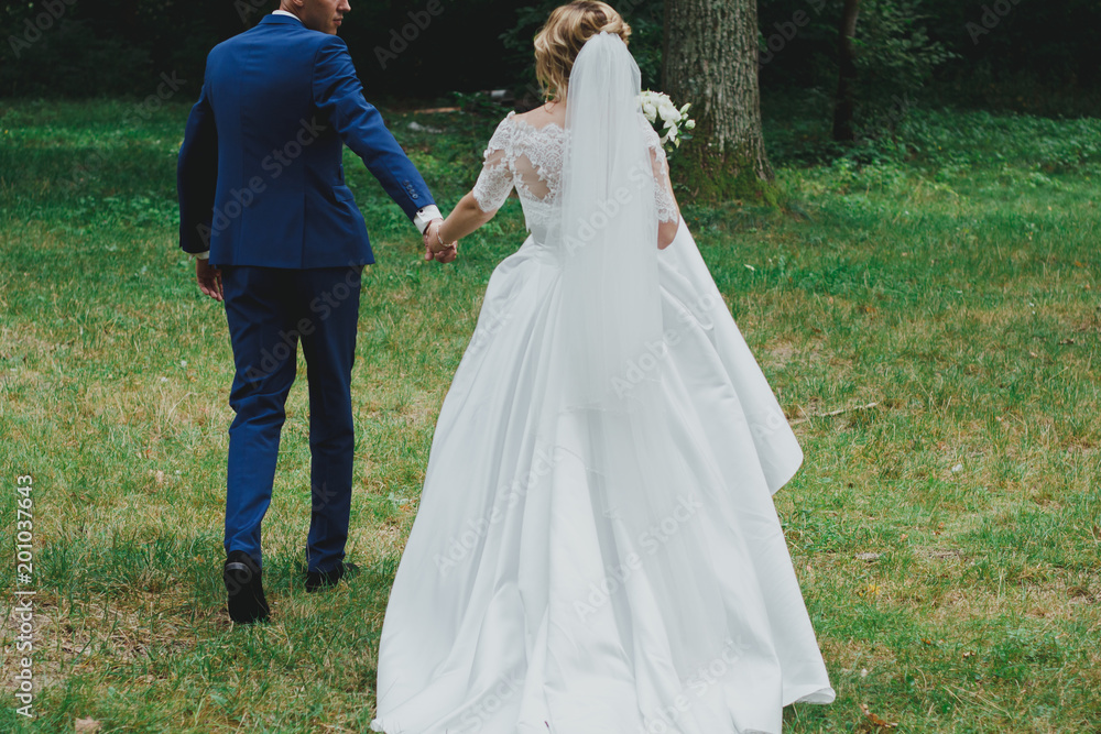 Wedding couple are holding hands in the green forest. Groom and bride in dress with train and tulle veil are walking outdoors. High green trees and bright emerald green grass. Wedding couple are holding hands in the green forest. Groom and bride in dress with train and tulle veil are walking outdoors. High green trees and bright emerald green grass.
