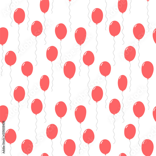 Hand drawn seamless vector pattern with pink flying balloons, on a white background. Design concept for birthday party, celebration, kids textile print, wallpaper, wrapping paper. © Maria Skrigan