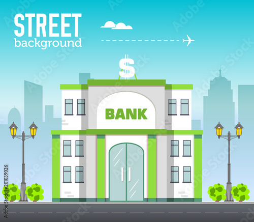 Fototapeta Naklejka Na Ścianę i Meble -  bank building in city space with road on flat syle background concept. Vector illustration design