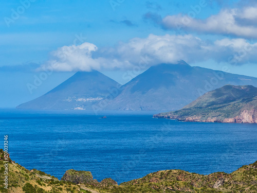 View of the Aeolian islands Lipari and Salina seen from the Vulcano island in Sicily 