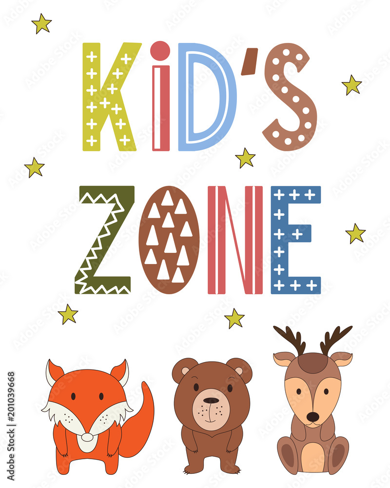 Naklejka premium Poster in scandinavian style with cute animals. Vector card with lettering. Unique hand hrawn nursery design for your kid