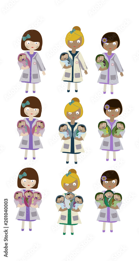 A set of characters, an obstetrician nurse holding a newborn A set of characters, an obstetrician nurse holding a newborn