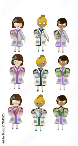 A set of characters, an obstetrician nurse holding a newborn