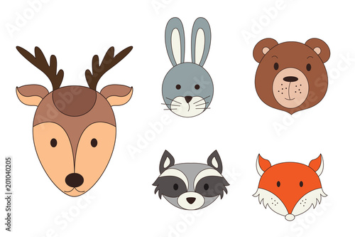 Animal heads in cartoon style. Woodland vector illustration
