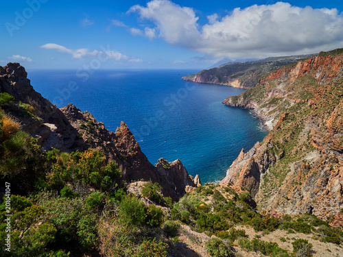 Beautiful mountain and coast scenery on Lipari hiking trails, Aeolian islands, Sicily, Italy 