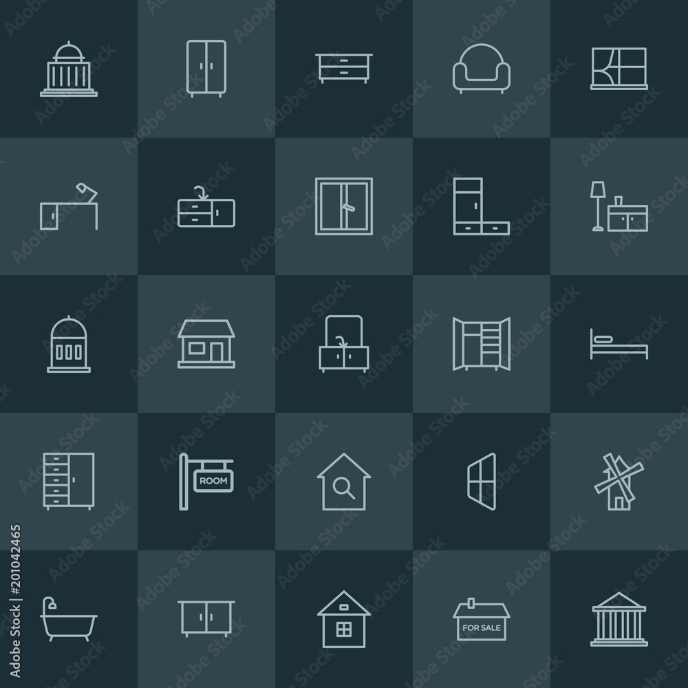 Modern Simple Set of buildings, furniture Vector outline Icons. ..Contains such Icons as  bed,  estate, desk,  curtain,  cabinet,  office and more on dark background. Fully Editable. Pixel Perfect.