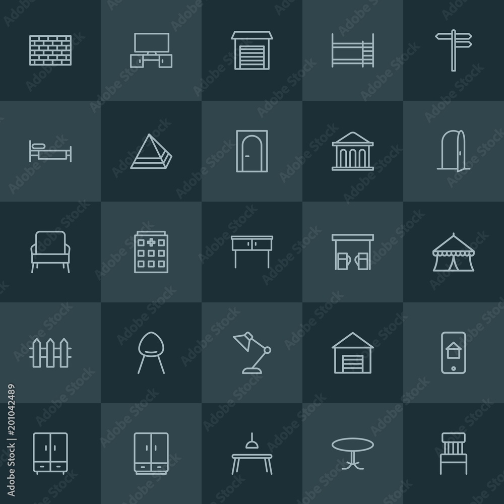 Modern Simple Set of buildings, furniture Vector outline Icons. ..Contains such Icons as  dining,  round,  tv,  seat,  modern,  television and more on dark background. Fully Editable. Pixel Perfect.