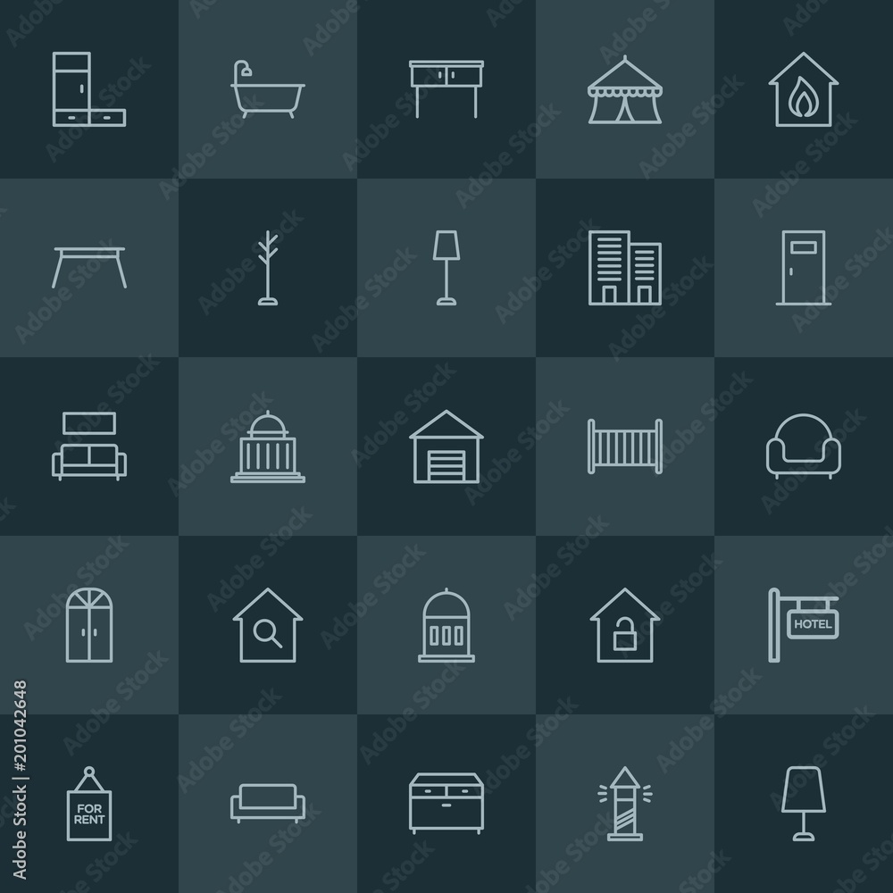 Modern Simple Set of buildings, furniture Vector outline Icons. ..Contains such Icons as drawer, hotel, rent, lock, storage, architecture and more on dark background. Fully Editable. Pixel Perfect. Modern Simple Set of buildings, furniture Vector outline Icons. ..Contains such Icons as drawer, hotel, rent, lock, storage, architecture and more on dark background. Fully Editable. Pixel Perfect.