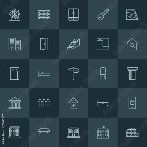 Modern Simple Set of buildings, furniture Vector outline Icons. ..Contains such Icons as  online, home,  urban,  cabinet,  wheel,  park, bed and more on dark background. Fully Editable. Pixel Perfect.