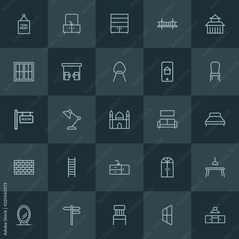 Modern Simple Set of buildings, furniture Vector outline Icons. ..Contains such Icons as  bridge, road, pump,  seat, window,  house,  white and more on dark background. Fully Editable. Pixel Perfect.