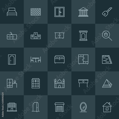 Modern Simple Set of buildings, furniture Vector outline Icons. ..Contains such Icons as table, egypt, vintage, house, white, giza and more on dark background. Fully Editable. Pixel Perfect.