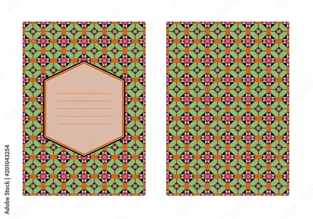 Fototapeta premium Collection of templates with patterns. Portuguese tiles background. Realistic illustration of Azulejo. Green and red colors. Ready for use. Double sided, fits A4, A5, A6. Perfect for invitati