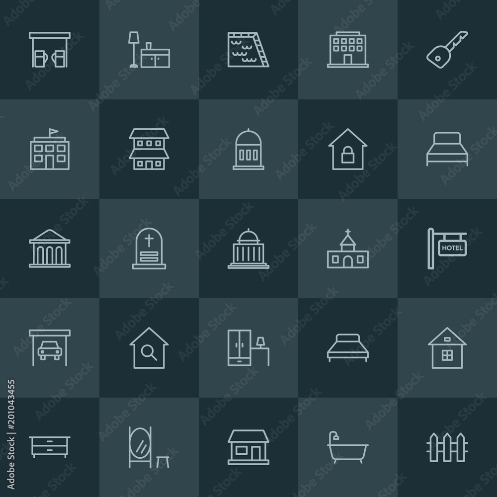 Modern Simple Set of buildings, furniture Vector outline Icons. ..Contains such Icons as  reflection,  business,  cabinet,  room,  furniture and more on dark background. Fully Editable. Pixel Perfect.