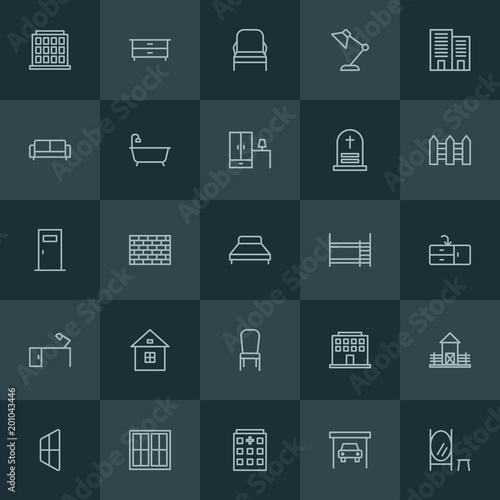 Modern Simple Set of buildings, furniture Vector outline Icons. ..Contains such Icons as  light,  car,  wooden,  medical,  home,  modern and more on dark background. Fully Editable. Pixel Perfect.