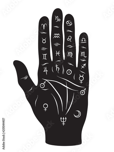 Palmistry or chiromancy hand with signs of the planets and zodiac signs black and white hand drawn design isolated vector illustration.