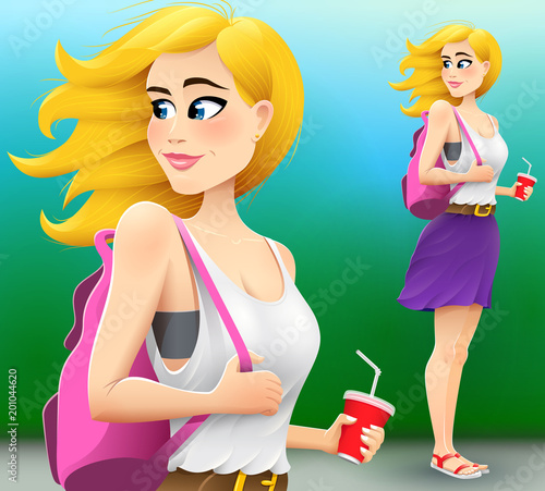 Vector summer style illustration of young woman or student or school girl with backpack.