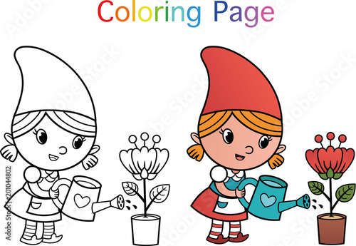 Cartoon Gnome Character For Coloring Page Activity. (Vector illustration)