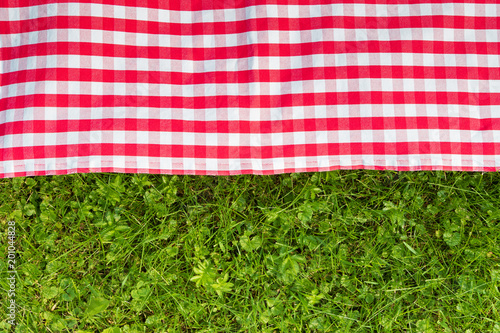 Green grass and red checkered tablecloth background for picnic, top view