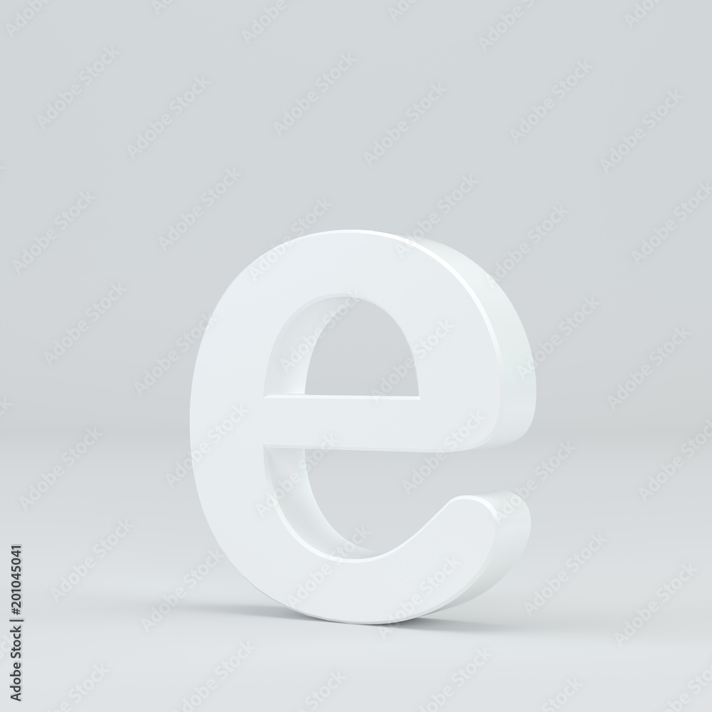 White small letter E on studio light background. 3d rendering. White small letter E on studio light background. 3d rendering.