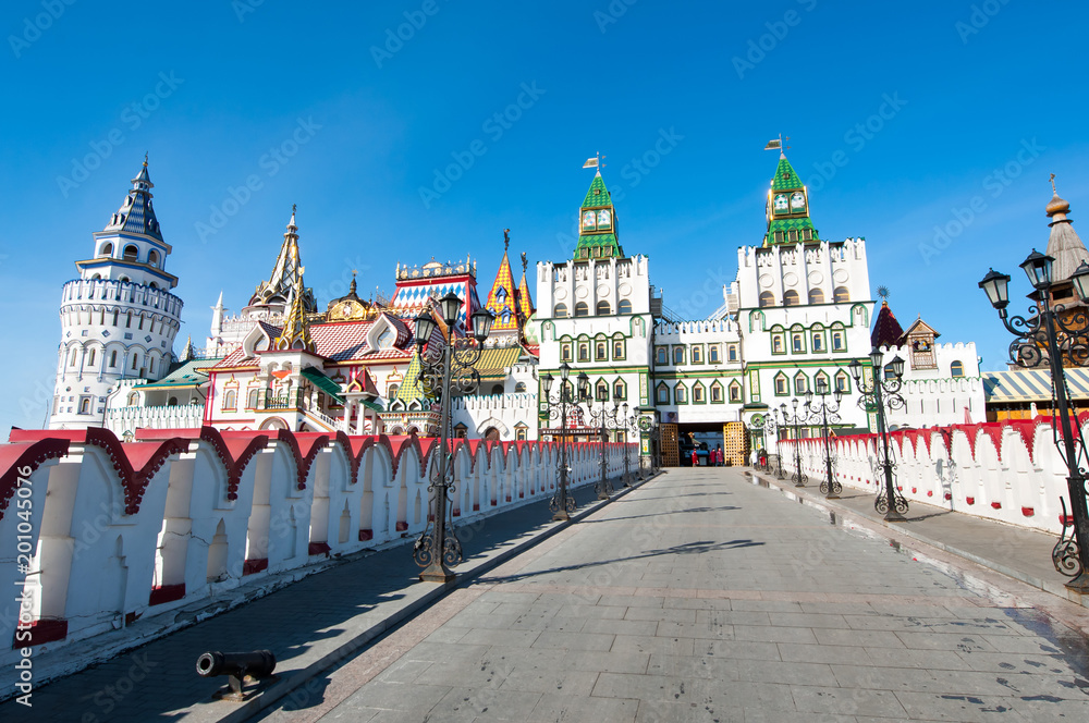 The Izmailovsky Kremlin museum complex seen from the stone bridge in Moscow, Russia.