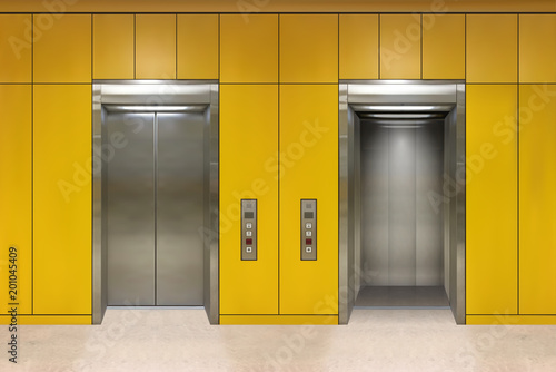 Chrome metal office building elevator doors. Open and closed variant. Realistic vector illustration yellow wall panels office building elevator.