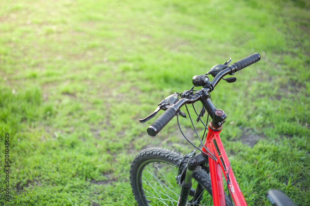 Mountain bike of red color with a black rudder on green grass Mountain bike of red color with a black rudder on green grass