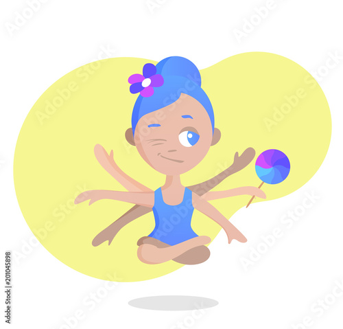 Cute Girl in the lotus position float in the air, with six hands one of wich holds a lollipop candy, one eye is closed, illustration in flat modern design