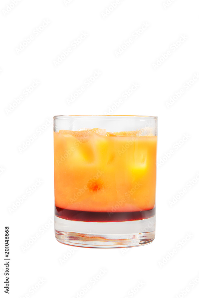 Multi-colored two-layer opaque cocktail in a low glass with ice cubes with melon, pear, apple, berries, fruit, pineapple, orange, apricot, peach. Side view Isolated white background Drink for the menu