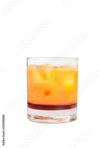 Multi-colored two-layer opaque cocktail in a low glass with ice cubes with melon, pear, apple, berries, fruit, pineapple, orange, apricot, peach. Side view Isolated white background Drink for the menu © Ekaterina