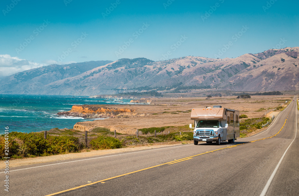 Recreational vehicle on Highway 1, California, USA