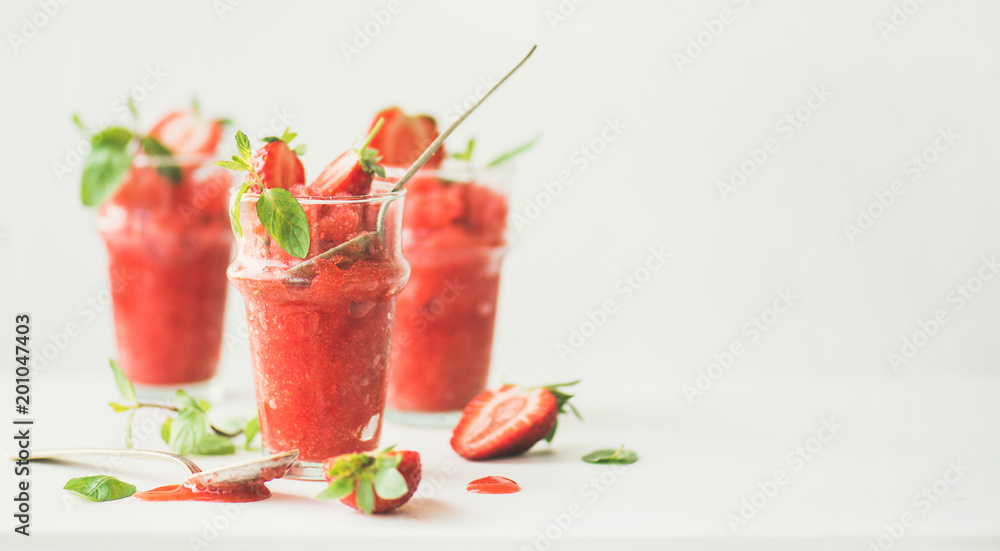 custom made wallpaper toronto digitalHealthy low calorie summer treat. Strawberry and champaigne granita, slushie or shaved ice dessert in glasses, white background, copy space, wide composition. Clean eating, vegan, dieting food concept