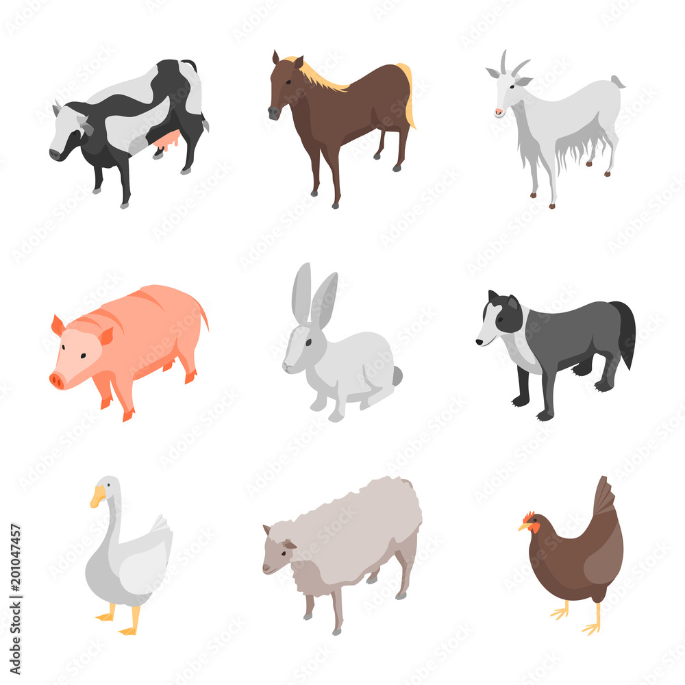 Farm Animals 3d Icons Set Isometric View. Vector