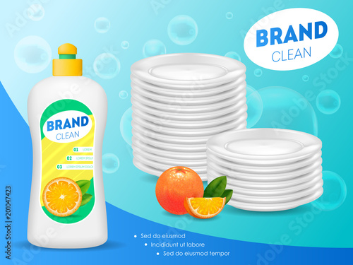 Realistic Detailed 3d Dishwashing Liquid Soap Ads. Vector