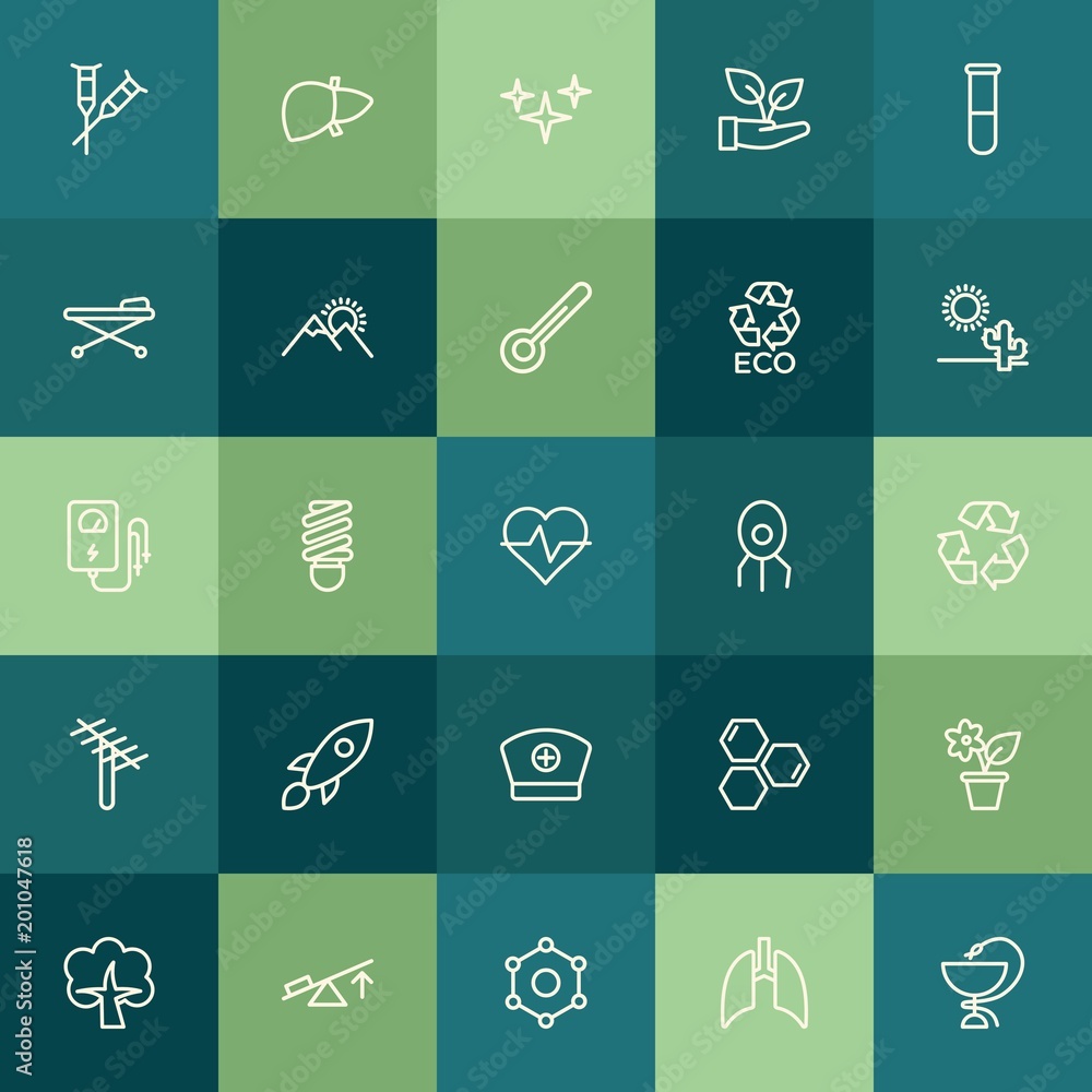 Modern Simple Set of health, science, nature Vector outline Icons. ..Contains such Icons as  molecular,  sky,  liver, medicine,  hospital and more on green background. Fully Editable. Pixel Perfect.