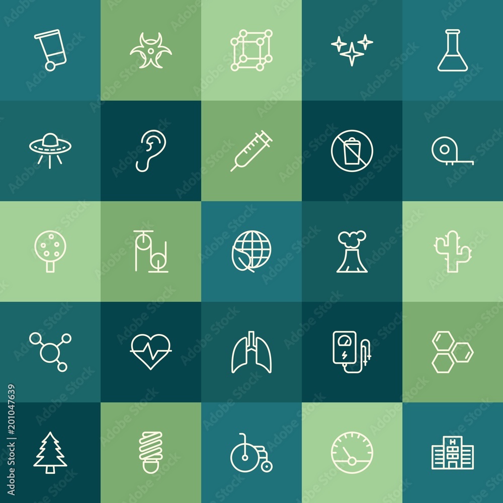 Modern Simple Set of health, science, nature Vector outline Icons. ..Contains such Icons as  environment,  metal, garbage,  handicap,  wood and more on green background. Fully Editable. Pixel Perfect.