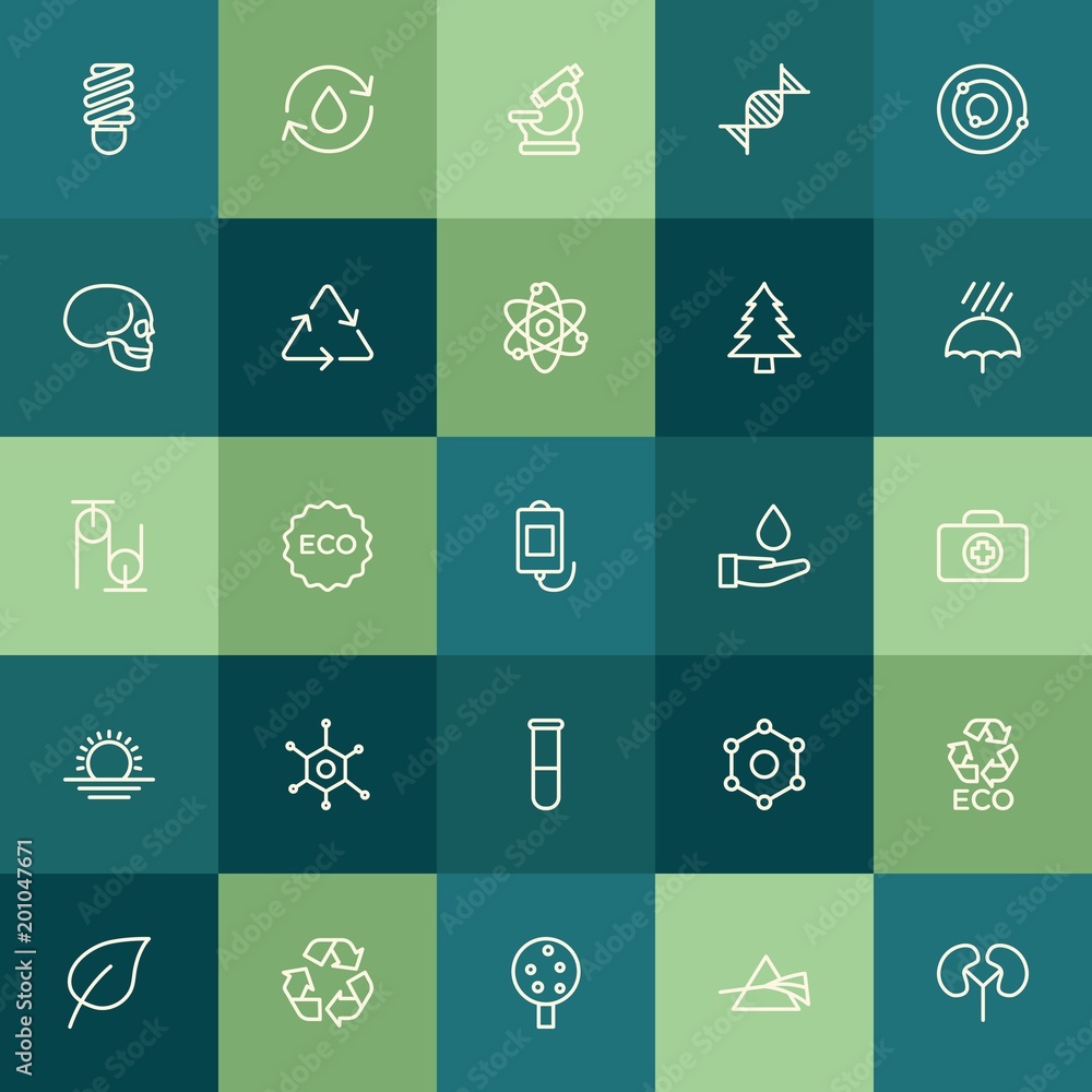 Modern Simple Set of health, science, nature Vector outline Icons. ..Contains such Icons as  medical,  eco,  electricity,  waste,  energy and more on green background. Fully Editable. Pixel Perfect.