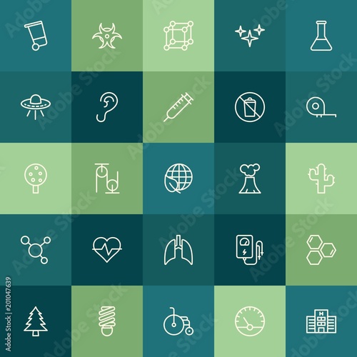 Modern Simple Set of health, science, nature Vector outline Icons. ..Contains such Icons as environment, metal, garbage, handicap, wood and more on green background. Fully Editable. Pixel Perfect.