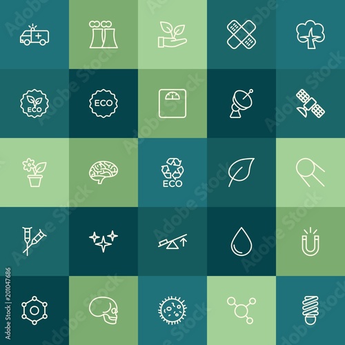 Modern Simple Set of health, science, nature Vector outline Icons. ..Contains such Icons as plant, nuclear, illness, skull, element and more on green background. Fully Editable. Pixel Perfect.