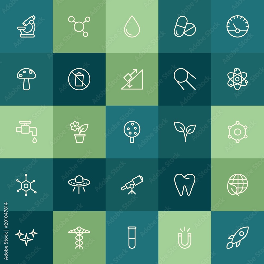 Modern Simple Set of health, science, nature Vector outline Icons. ..Contains such Icons as rocket, element,  laboratory, global,  plant and more on green background. Fully Editable. Pixel Perfect.