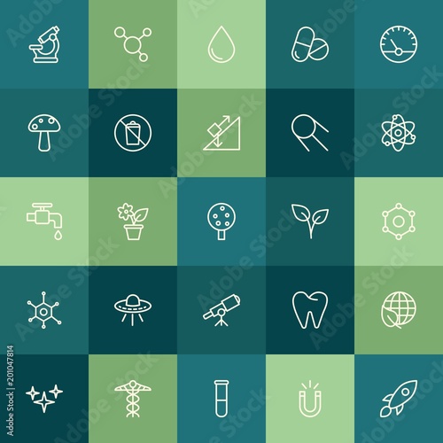 Modern Simple Set of health, science, nature Vector outline Icons. ..Contains such Icons as rocket, element, laboratory, global, plant and more on green background. Fully Editable. Pixel Perfect.