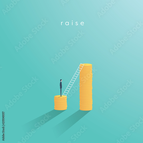 Pay rise business vector concept. Career ladder climbing, salary increase symbol with businessman climbing.